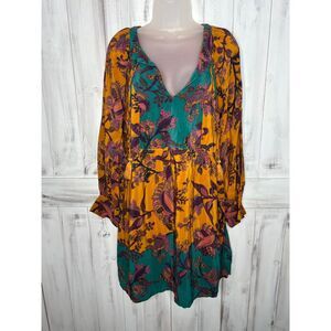 By Anthropologie Romantic Silk‎ Tunic Dress Long Sleeve Gold Teal Floral Medium